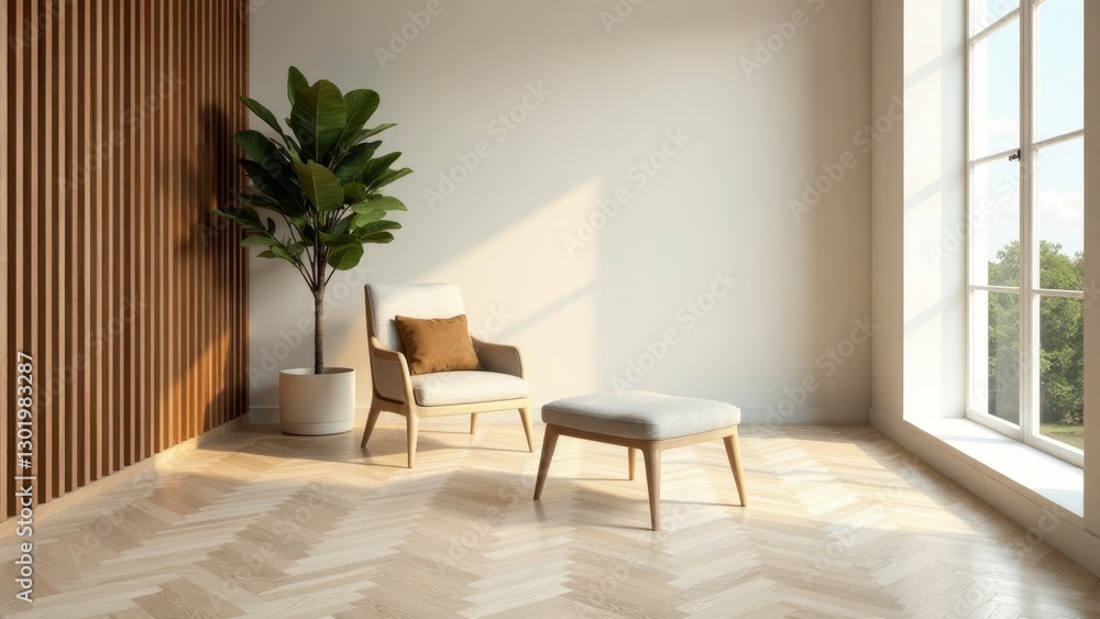Fototapeta premium Serene Minimalist Living Room Interior Design Featuring a Comfortable Armchair and Footrest, Accented by a Stylish Plant and Natural Wood Wall Paneling