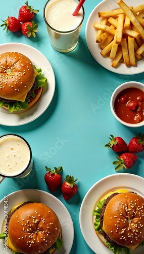 Wallpaper Mural Flat lay of classic diner dishes like burgers, fries, milkshakes, and pie, pie, nostalgic Torontodigital.ca