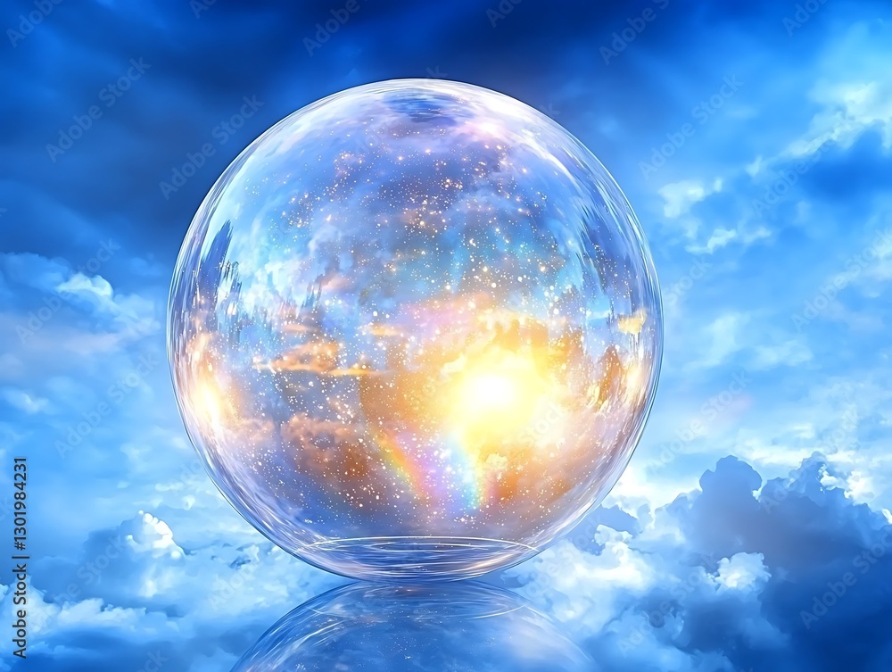A shiny, transparent bubble-style 20% with a rainbow-like glow, floating weightlessly against a deep blue dreamscape sky A shiny, transparent bubble-style 20% with a rainbow-like glow, floating weightlessly against a deep blue dreamscape sky