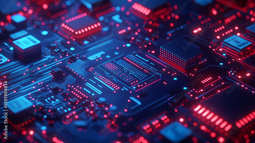 Close-up of circuit board with red and blue lights Close-up of circuit board with red and blue lights