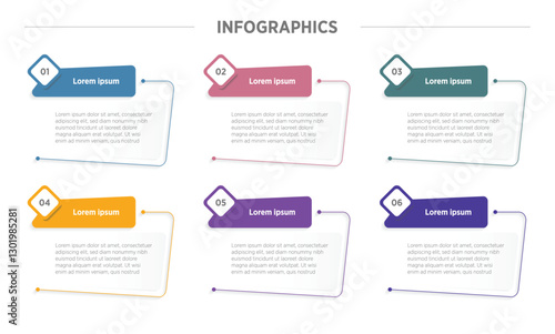 Modern Business infographics design for Six Step, option, parts or process. Infographic 6 element design template for presentation. process diagram, step banner, flow chart, 6 option template.