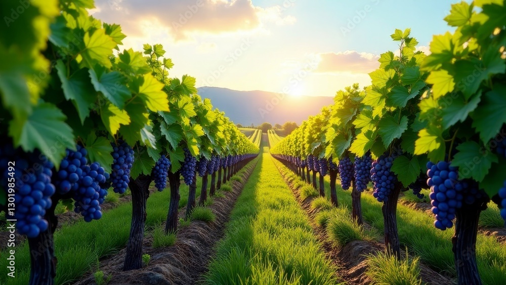 Naklejka premium Serene Vineyard Rows at Sunset Lush Grapevines Heavy with Ripe, Dark Fruit, bathed in the Golden Light of the Evening Sun, creating a picturesque landscape.