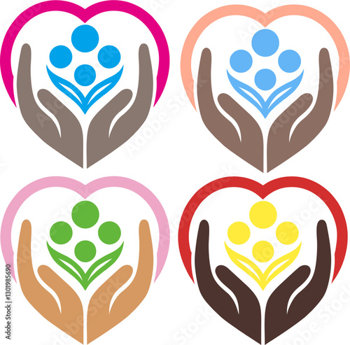 Symbolic heart and hands logo representing unity and care