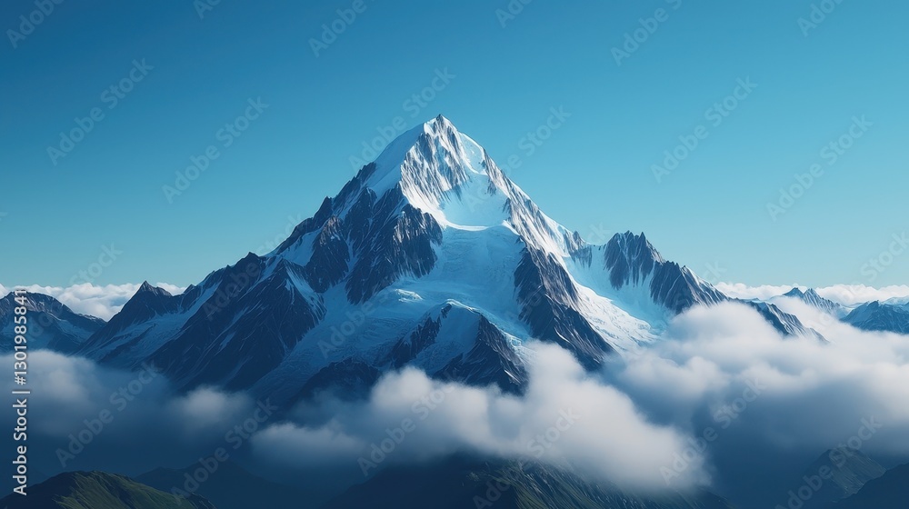 Obraz premium Majestic Snow-Capped Mountain Peak Surrounded by Soft Clouds and Clear Blue Sky in Bright Daylight