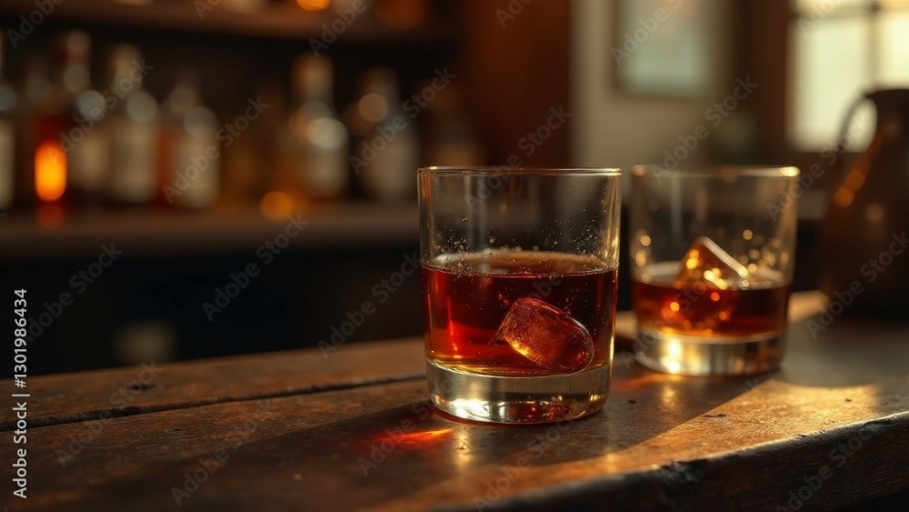 Fototapeta premium Golden Hour Spirits Two Glasses of Amber Liquid Resting on a Rustic Wooden Surface with a Blurred Background of Liquor Bottles