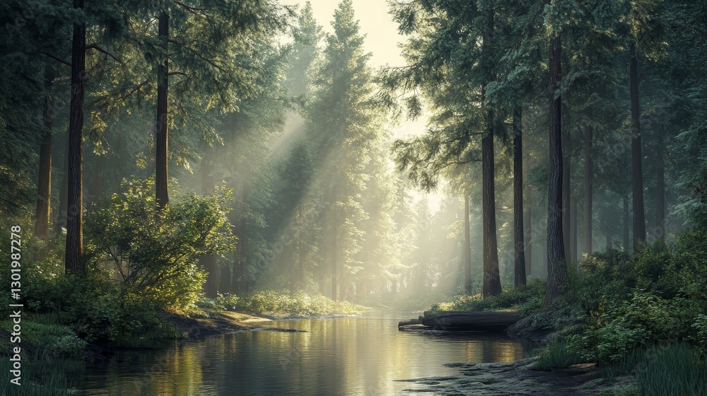 Obraz premium Enchanted Forest River: A Serene Sunrise