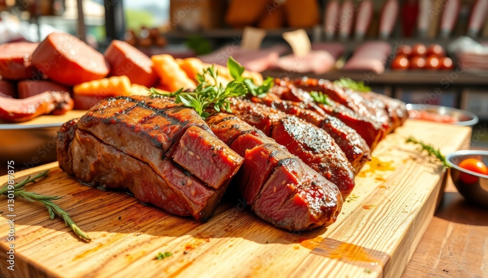 Grilled Steak on Wooden Board with Herbs Grilled Steak on Wooden Board with Herbs