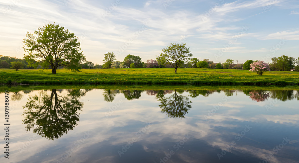 Serene spring landscape with trees reflected in calm water sky art pond on transparent background Serene spring landscape with trees reflected in calm water sky art pond on transparent background