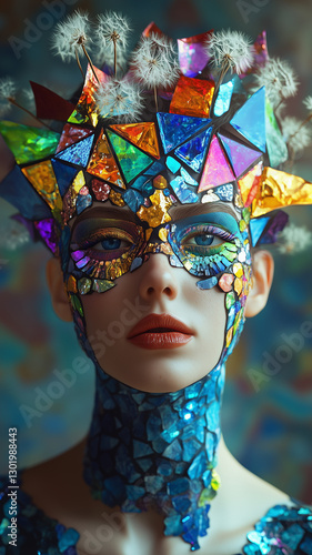 high fashion Retro futurist girl model made of symmetrical azulejo’s and rainbow colorful diamonds, detailed colorful eyes, exotic abstract colorful rainbow surreal modern glitch, rainbow hair