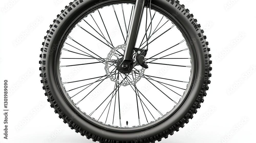D illustration of a front bicycle wheel, with a high-traction off-road tire and reinforced steel spokes, isolated on white. D illustration of a front bicycle wheel, with a high-traction off-road tire and reinforced steel spokes, isolated on white.