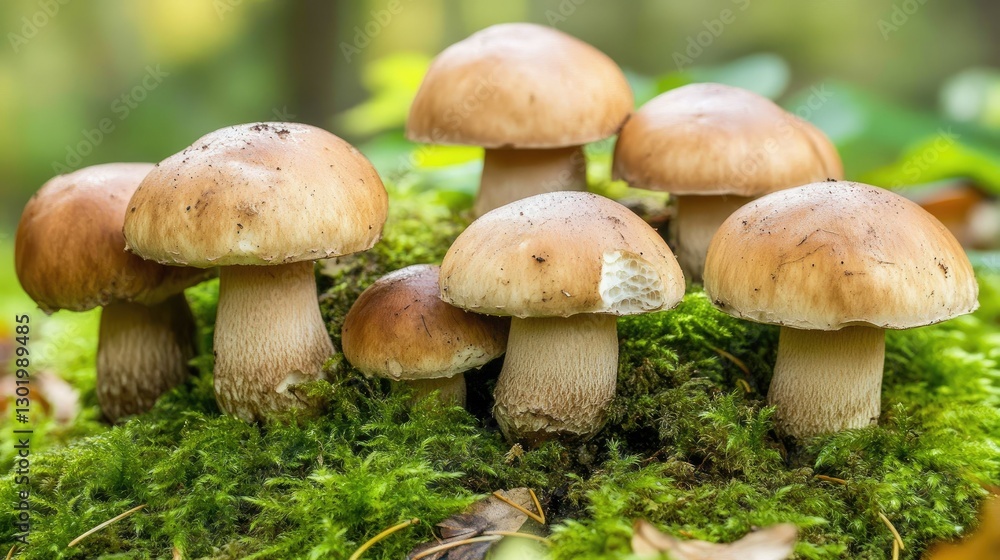 Autumn forest floor covered in green moss and scattered Boletus mushrooms, with a soft-focus background. Autumn forest floor covered in green moss and scattered Boletus mushrooms, with a soft-focus background.