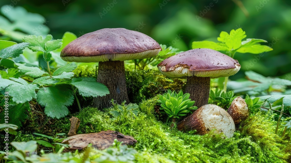 Boletus mushrooms surrounded by vibrant moss and tiny forest plants, creating a fairytale-like scene. Boletus mushrooms surrounded by vibrant moss and tiny forest plants, creating a fairytale-like scene.
