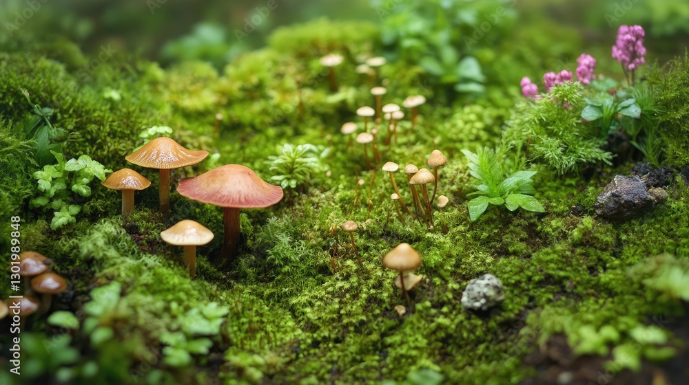 Boletus mushrooms surrounded by vibrant moss and tiny forest plants, creating a fairytale-like scene. Boletus mushrooms surrounded by vibrant moss and tiny forest plants, creating a fairytale-like scene.