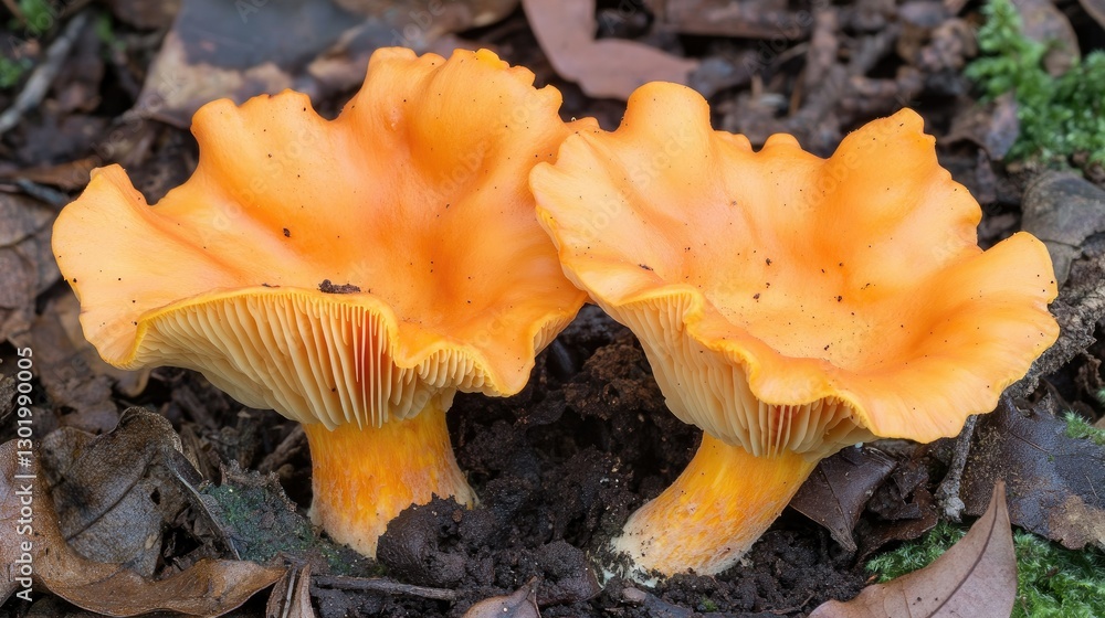 Chanterelle mushrooms in a misty forest setting, with soft-focus background and earthy tones.