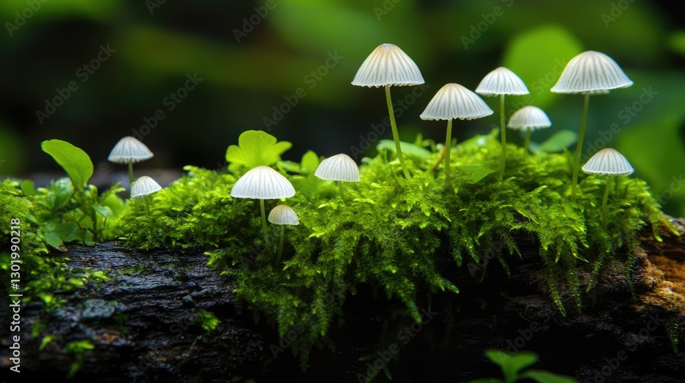 Close-up of tiny, delicate mushrooms growing on an old log, their white caps standing out against the deep green moss. Close-up of tiny, delicate mushrooms growing on an old log, their white caps standing out against the deep green moss.