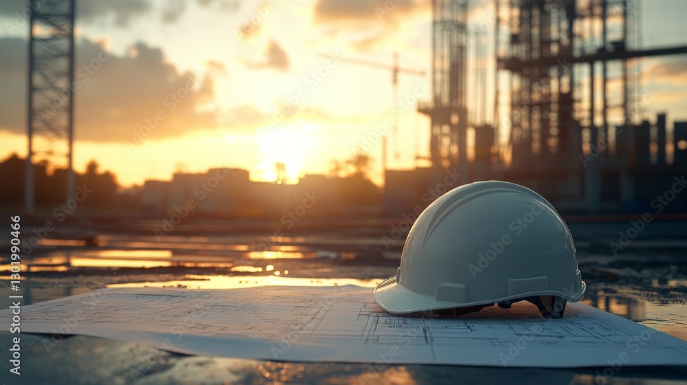 Obraz premium Construction site at sunset with safety helmet and blueprints, showcasing the importance of safety in building projects, construction safety concept