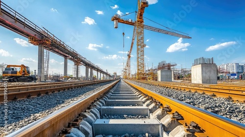 Construction of high-speed rail tracks, with cranes and machinery placing massive concrete segments under blue skies.