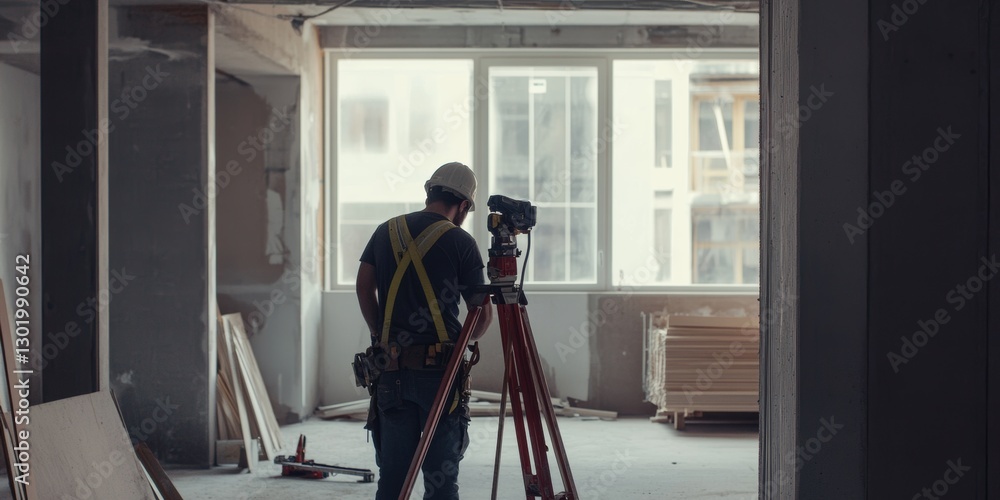 Construction worker using a total station for surveying in an unfinished building interior, modern architecture, engineering, construction site, surveying concept Construction worker using a total station for surveying in an unfinished building interior, modern architecture, engineering, construction site, surveying concept