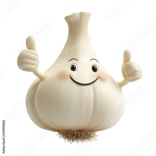 This image depicts a happy cartoon garlic character giving a thumbs up gesture with both of its arms. photo