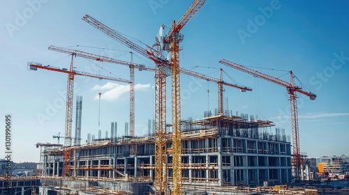 Cranes and concrete structures rising at a high-speed train station construction site, under a blue sky. photo