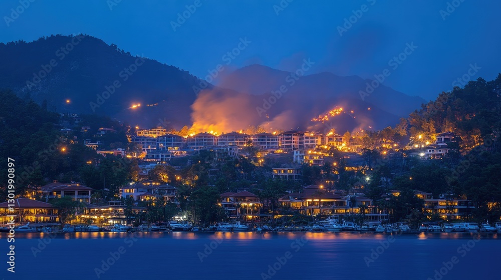 Firefighters battling a massive wildfire in Marmaris, with flames reaching treetops near luxury resorts. Firefighters battling a massive wildfire in Marmaris, with flames reaching treetops near luxury resorts.