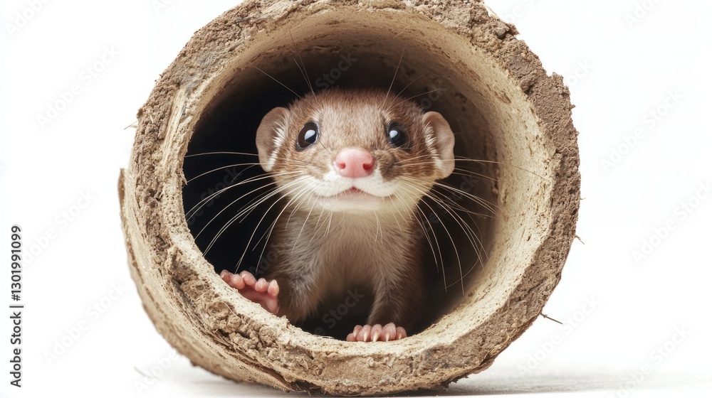 Obraz premium Curious Weasel Peeking Out of Natural Clay Tube in Studio Setting