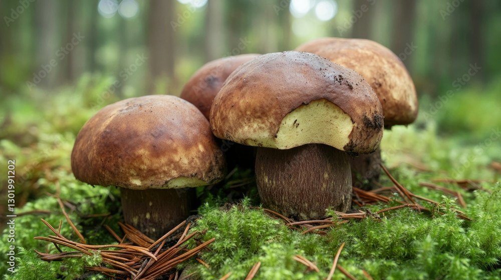 Group of Boletus mushrooms growing among thick green moss, with pine needles scattered around. Group of Boletus mushrooms growing among thick green moss, with pine needles scattered around.