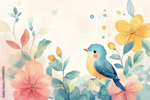 Watercolor Bird and Flowers: A Serene Springtime Scene