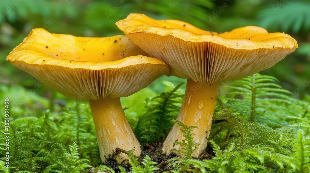 Lone chanterelle mushroom among green moss and ferns, capturing the essence of wild foraging. Lone chanterelle mushroom among green moss and ferns, capturing the essence of wild foraging.