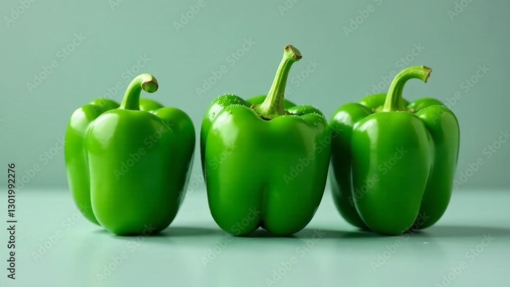Vibrant Green Bell Peppers Arranged in a Row on a Smooth Surface Vibrant Green Bell Peppers Arranged in a Row on a Smooth Surface
