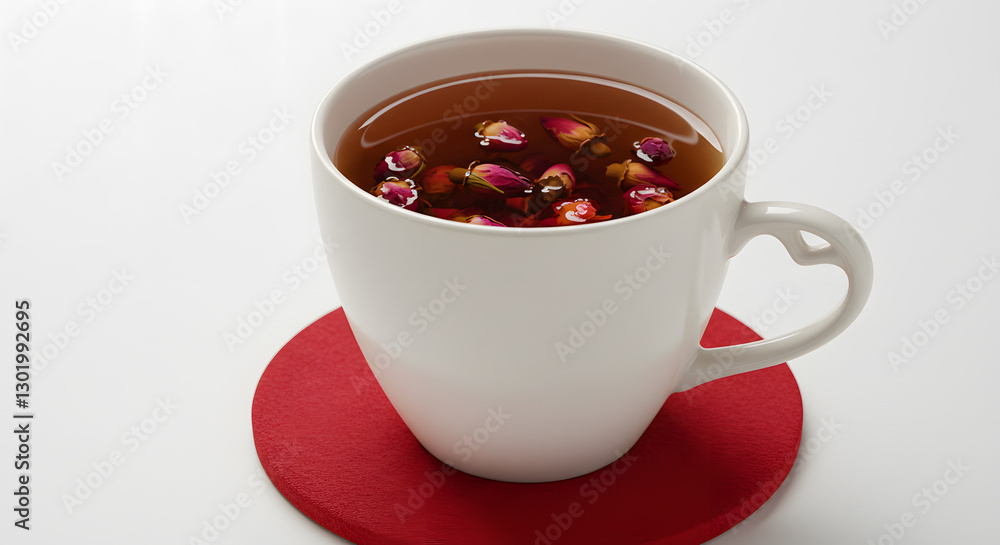 Aromatic rose tea in white mug on red coaster lovely drink hot cup warm on transparent background Aromatic rose tea in white mug on red coaster lovely drink hot cup warm on transparent background