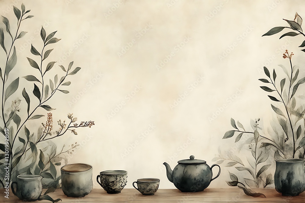 Serene Botanical Still Life with Tea Set Serene Botanical Still Life with Tea Set