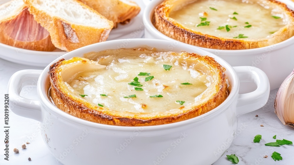 Creamy French Onion Soup with Melted Cheese and Toasted Bread Creamy French Onion Soup with Melted Cheese and Toasted Bread