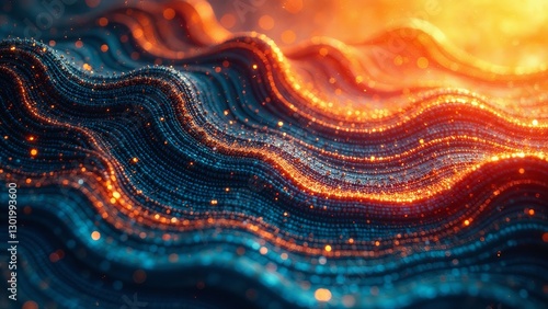 Abstract Wavy Surface with Glimmering Particles of Deep Blue and Amber Hues