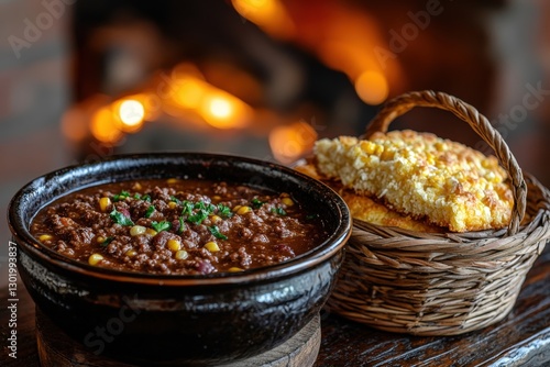 Exquisite dark brown bowl with a striking black-and-white patterned rim rests on a richly textured wooden table. Blurred backdrop adds focus to the elegant detail photo