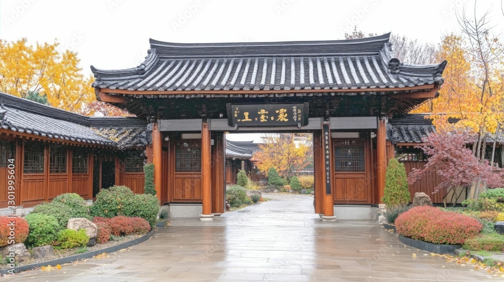 Traditional Asian Architecture with Autumn Foliage in Garden Setting