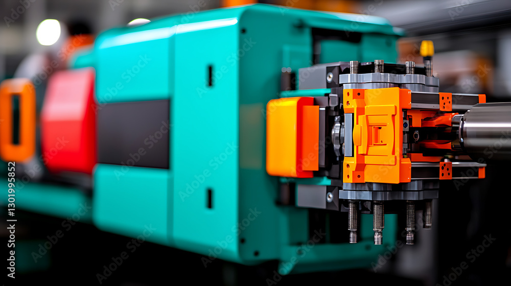 Injection molding machine producing precision plastics in industrial facility technology production process close-up view manufacturing innovation Injection molding machine producing precision plastics in industrial facility technology production process close-up view manufacturing innovation