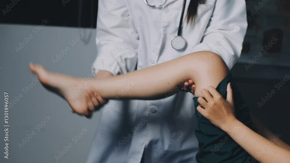 Cropped hands of mature male doctor examining girls knee at hospital Cropped hands of mature male doctor examining girls knee at hospital