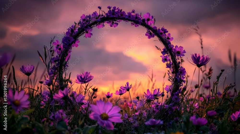 Naklejka premium Magical Sunset Purple Cosmos Flower Arch Dreamy Meadow Landscape