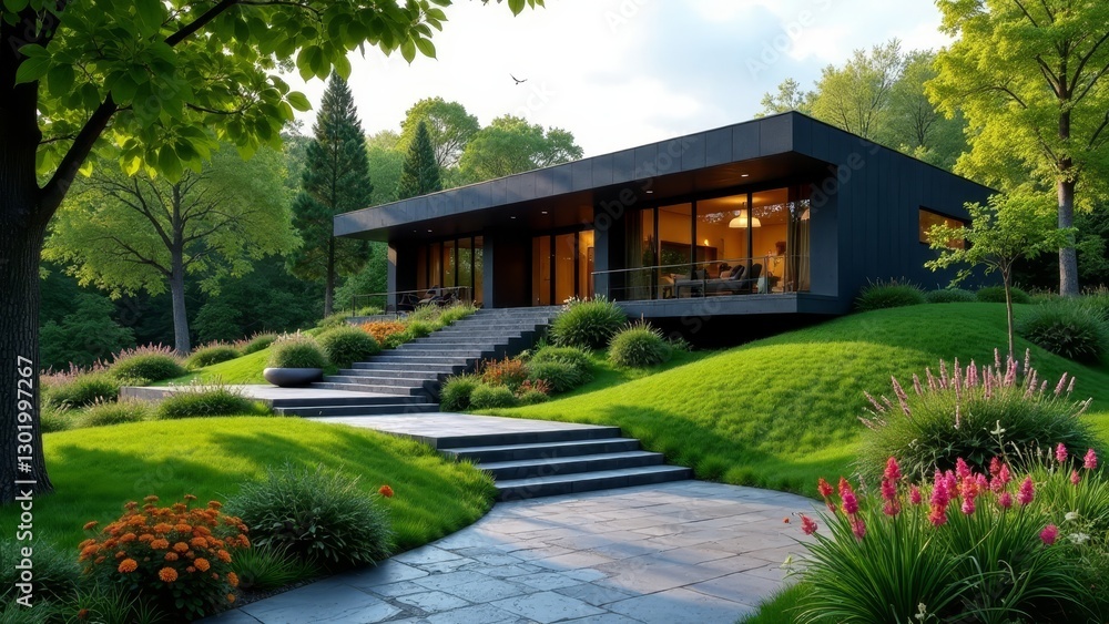 Modern Architectural Design A Sleek, Dark-Exterior Home Nestled in a Lush, Green Landscape Featuring Stone Pathways and Vibrant Flower Gardens Modern Architectural Design A Sleek, Dark-Exterior Home Nestled in a Lush, Green Landscape Featuring Stone Pathways and Vibrant Flower Gardens