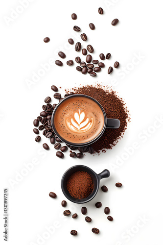 Top view of a cup of cappuccino with latte art, surrounded by roasted coffee beans and ground coffee in a black cup, isolated on white background, perfect for coffee-themed designs and advertising