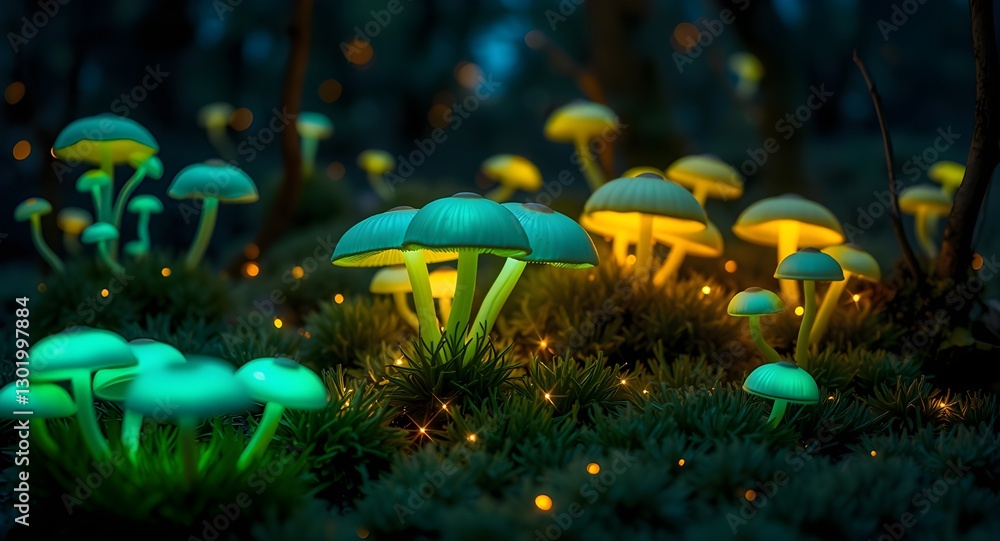 Fototapeta premium Bioluminescent Mushrooms Glow in Magical Forest (AI-Generated).