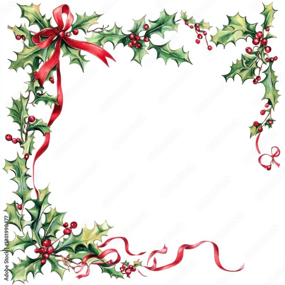 Fototapeta premium Holly and ribbon Christmas border.
