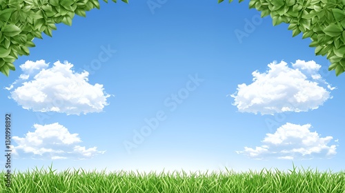 Bright Blue Sky with Fluffy White Clouds over Lush Green Grass and Frame of Green Leaves