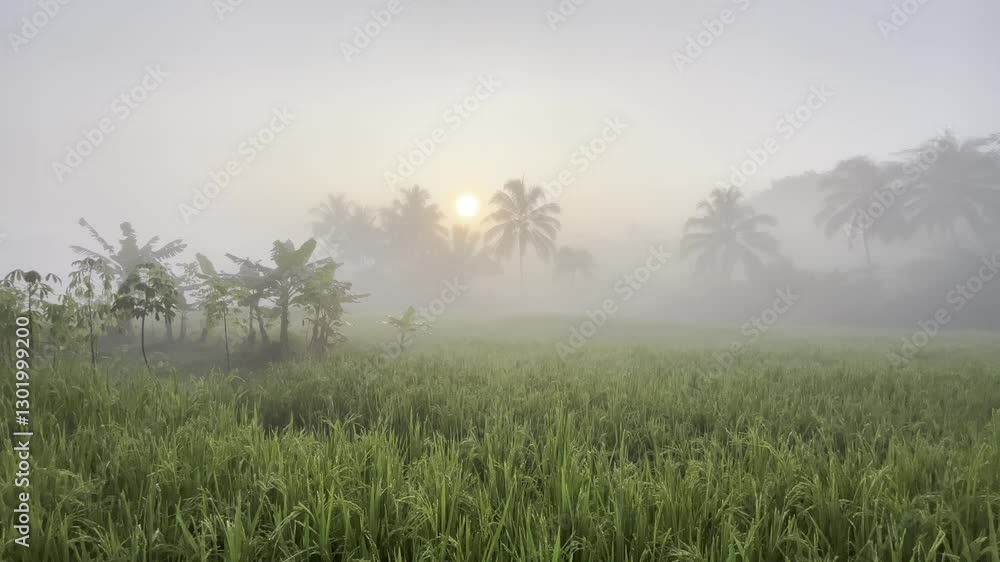 Serene Misty Rice Fields at Sunrise | 4K Nature Cinematic View Serene Misty Rice Fields at Sunrise | 4K Nature Cinematic View