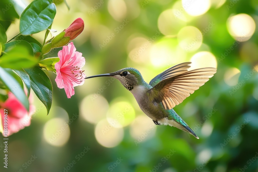 Fototapeta premium Hummingbird feeding on a pink flower.