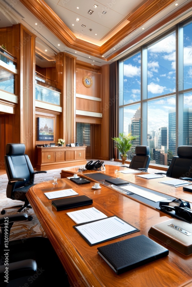 Naklejka premium Luxurious Modern Boardroom with City View.
