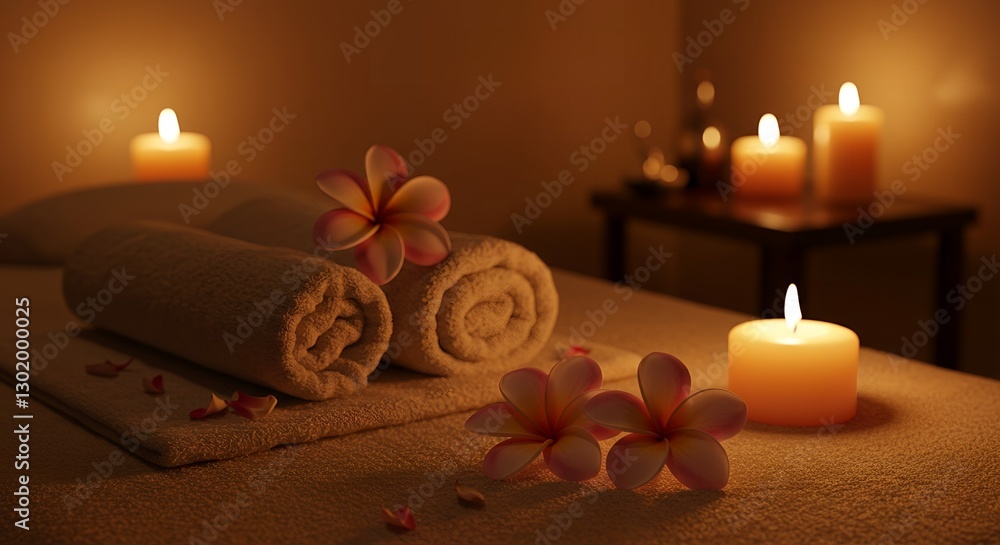 Serene Spa Setting: Tranquil Ambiance with Candles and Flowers Serene Spa Setting: Tranquil Ambiance with Candles and Flowers
