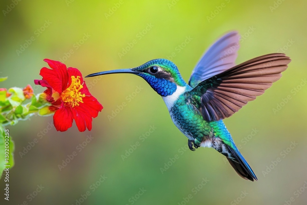Hummingbird feeding on a red flower. Hummingbird feeding on a red flower.