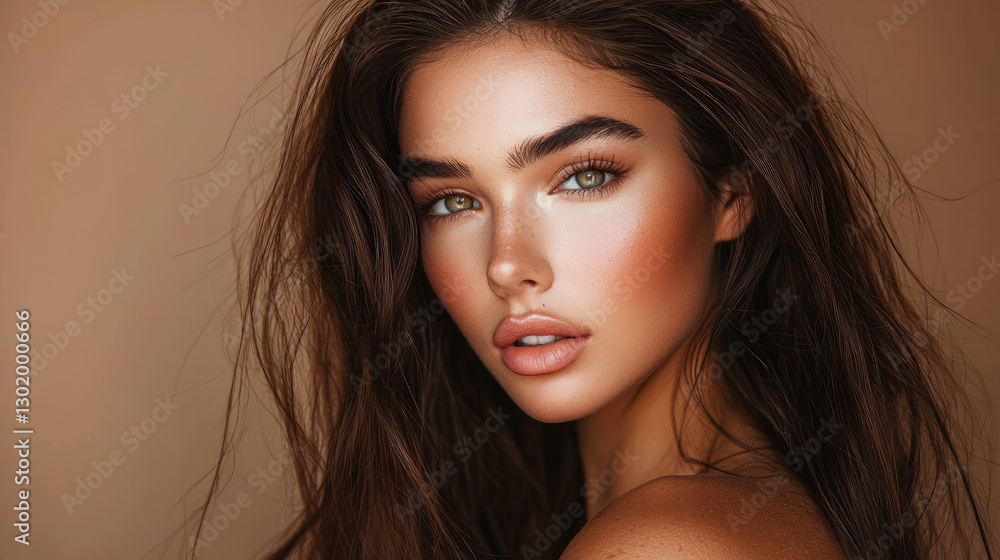 Fototapeta premium A beautiful model with long brown hair, generative AI